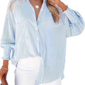 Womens Smocked Cuffed Striped Boyfriend Shirt Casual Collar Long Sleeve Oversized Button Down Blouse Tops with Pocket Shirred